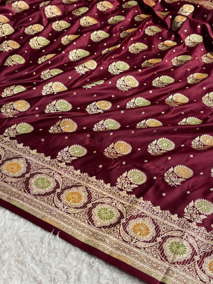 Garnet Banarasi Minakari Booti Satin Katan Silk saree
