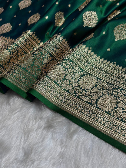 Cross Green Unique Boota Pattern Satin Katan Silk Saree SK69