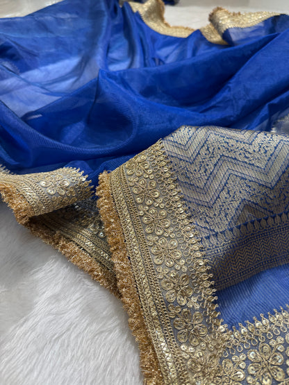 Semi Pure Tissue Silk Saree with Heavy Gotta Patti in Royal Blue Shades TGP08