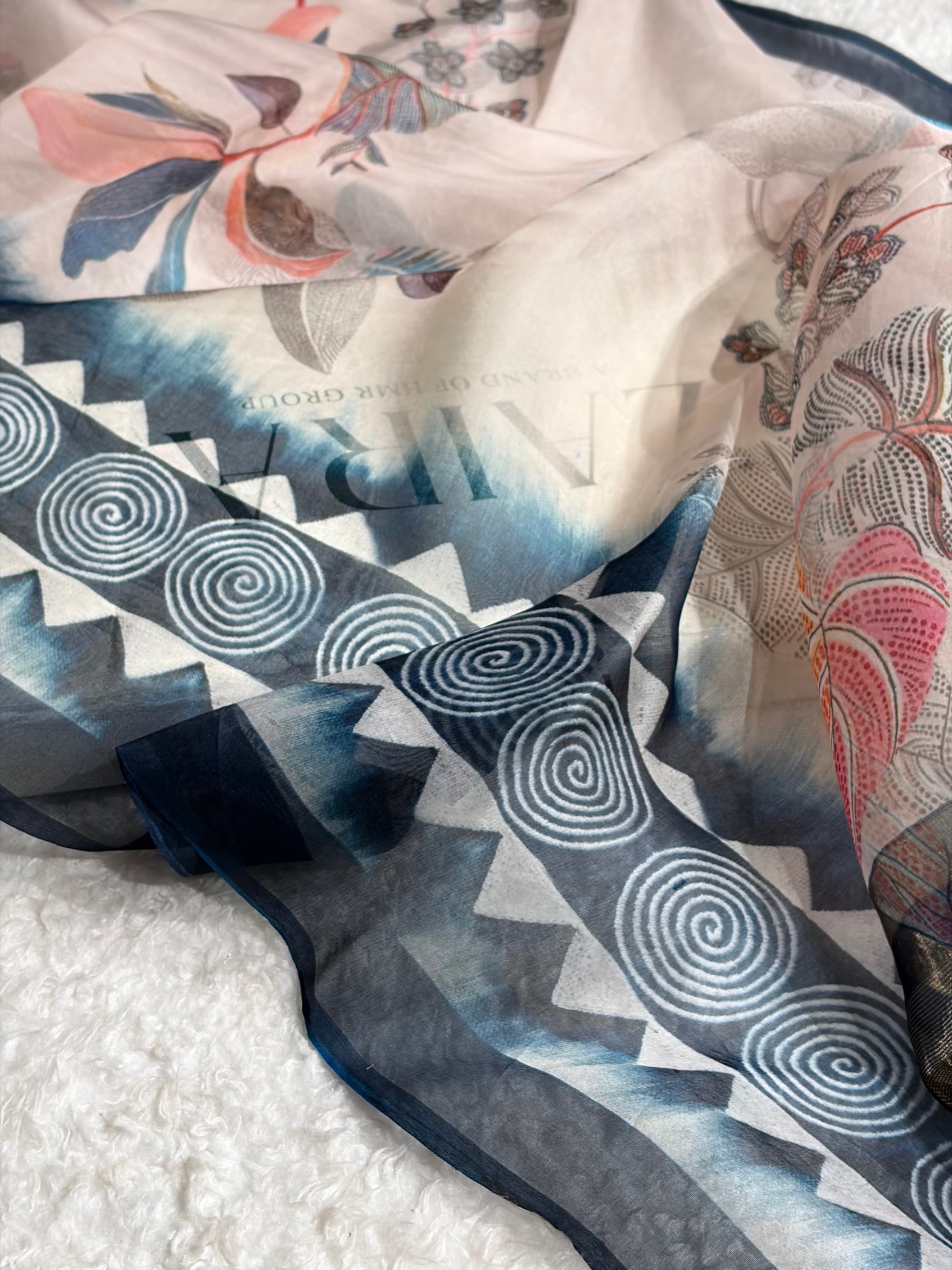 Light Beige & Navy Blue Organza with Pastel Multicolor Florals POP09