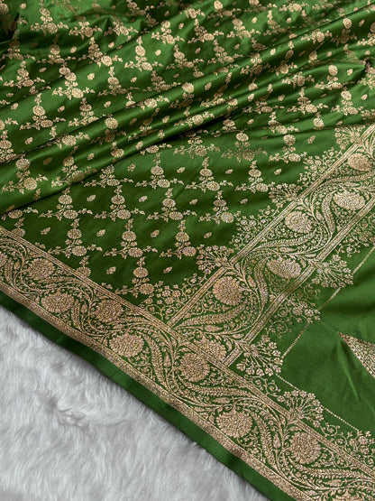 Banarasi Satin Katan Saree Jaal Pattern In Mahndi Green Shades SK133