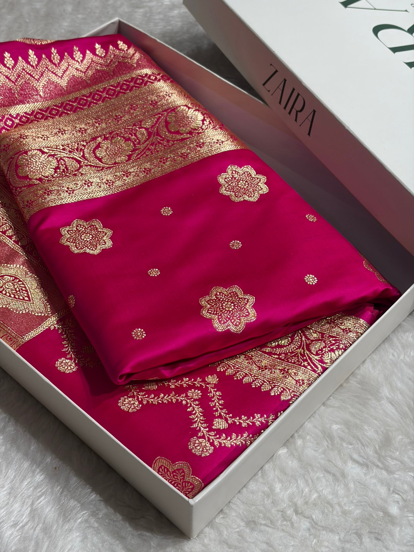 Banarasi Satin Katan Saree Floral Boota Pattern in Rani Shades SK146