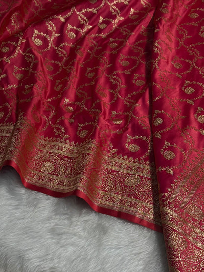 Reddish Pink Floral Jaal Pattern Satin Katan Silk saree SK55