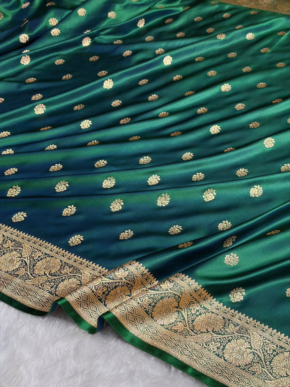 Cross Green Floral Boota Pattern Satin Katan Silk Saree SK72