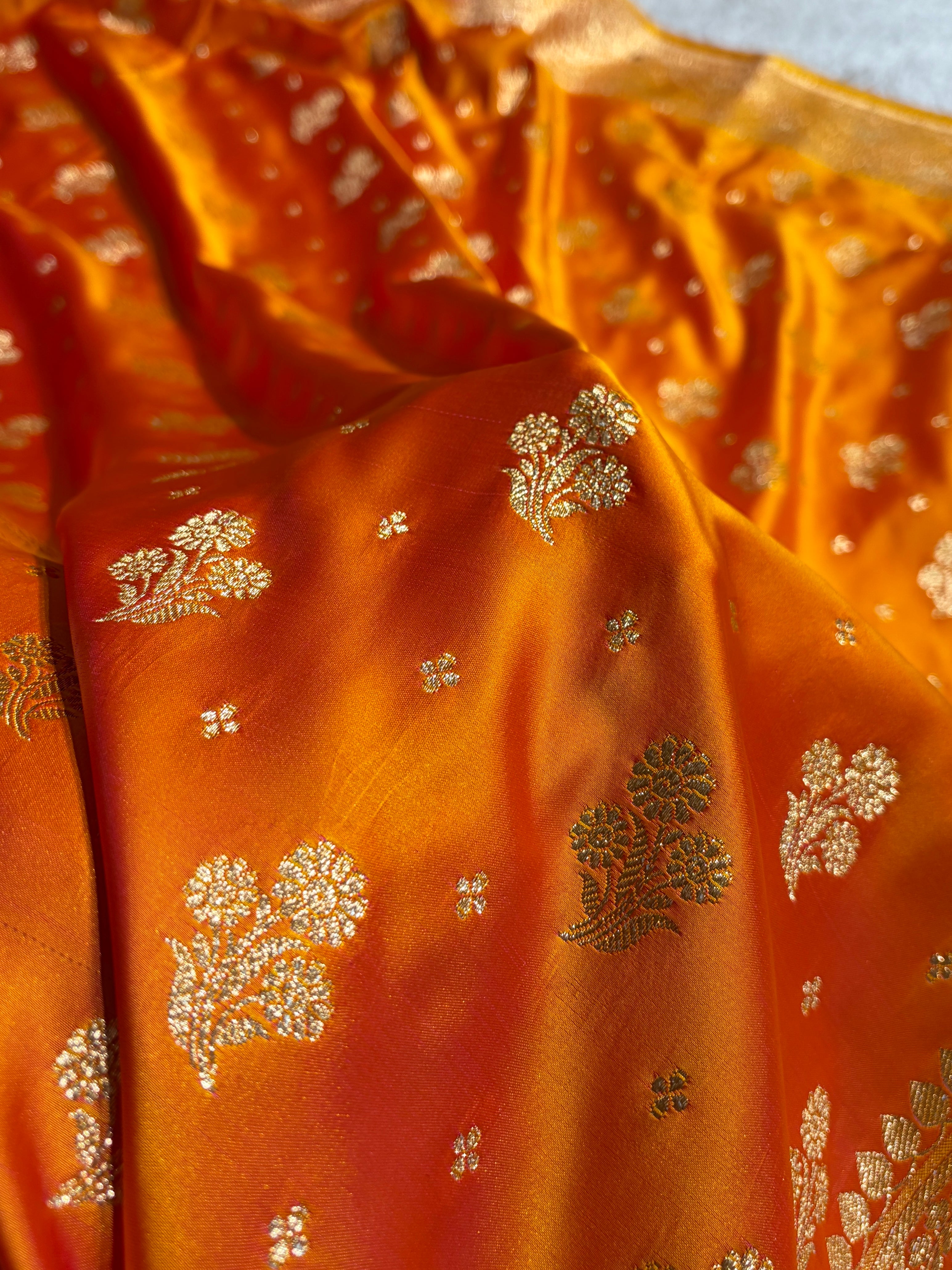 Fire Gold Floral Unique Boota Pattern Satin Katan Silk Saree SK73