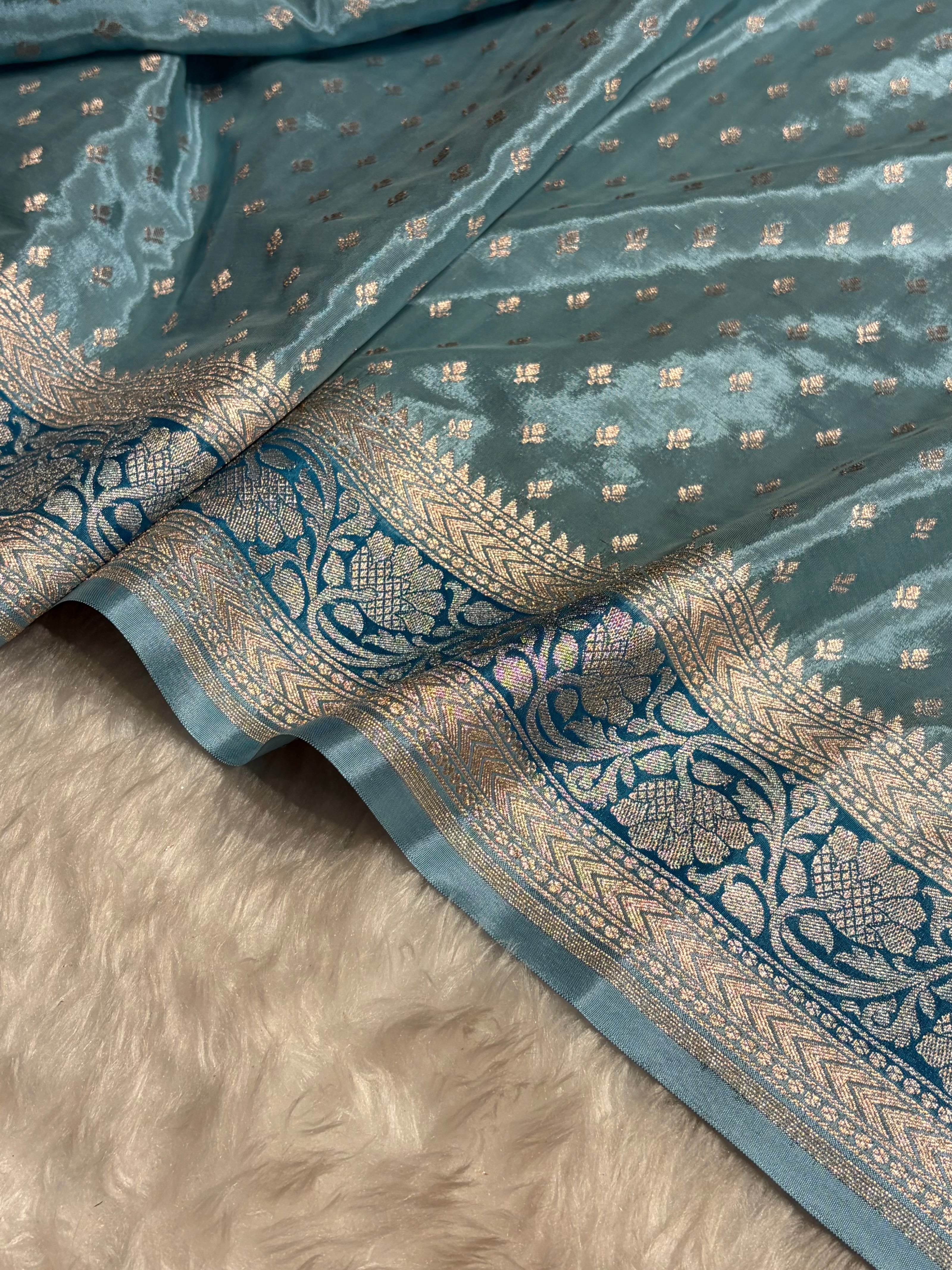 Powder Blue Shades With Contrast Border Crepe Silky Katan Banarasi Saree CSK-04