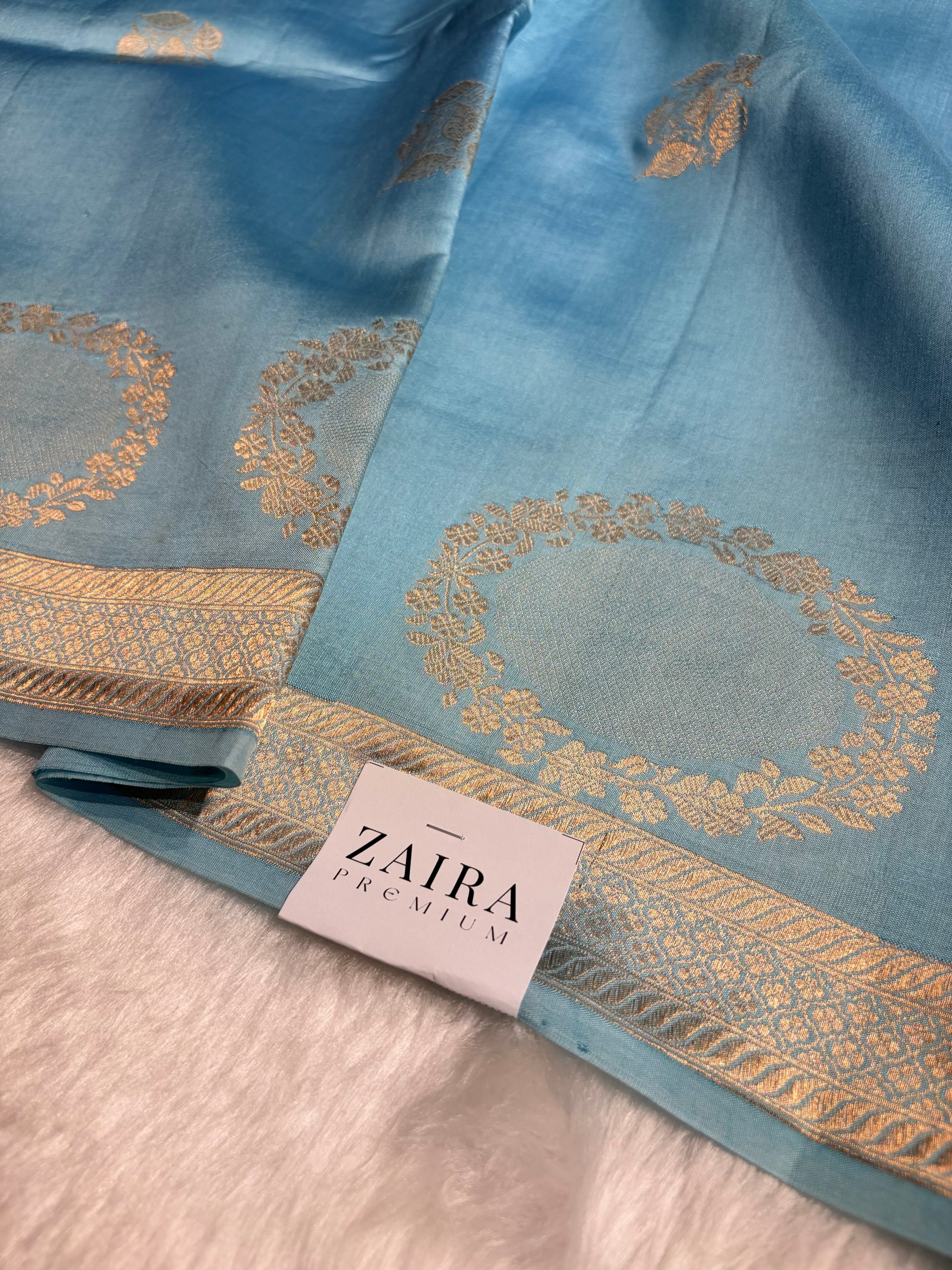 Ombré Powder Blue With Turquoise Shades Meena Boota Handwoven Raw Mango Silk RM-34