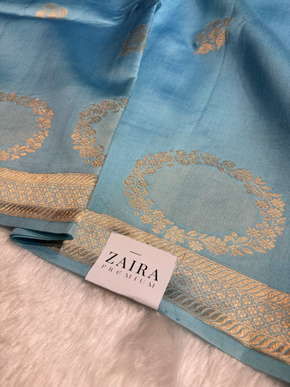 Ombré Powder Blue With Turquoise Shades Meena Boota Handwoven Raw Mango Silk RM-34