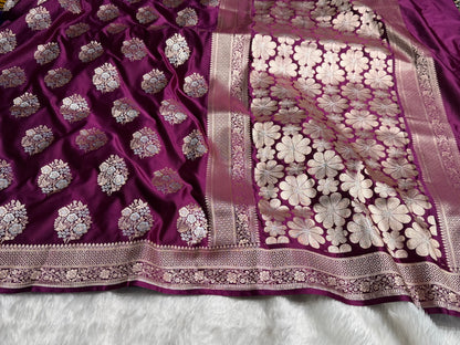 Premium Banarasi Satin Katan Saree With Minakari Boota in Wine Shades SK93