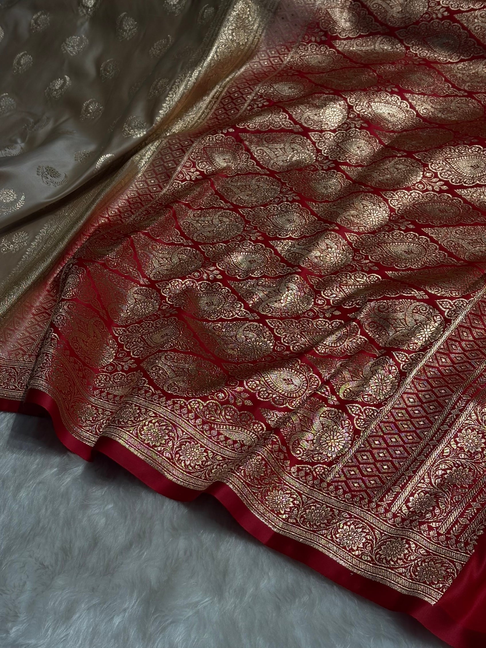 Pista with Red Floral Boota Satin Katan Silk saree SK27