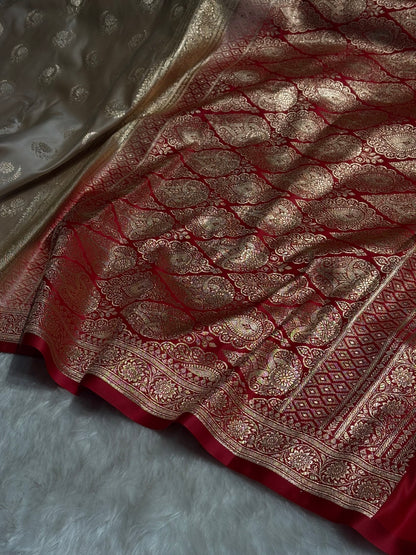 Pista with Red Floral Boota Satin Katan Silk saree SK27