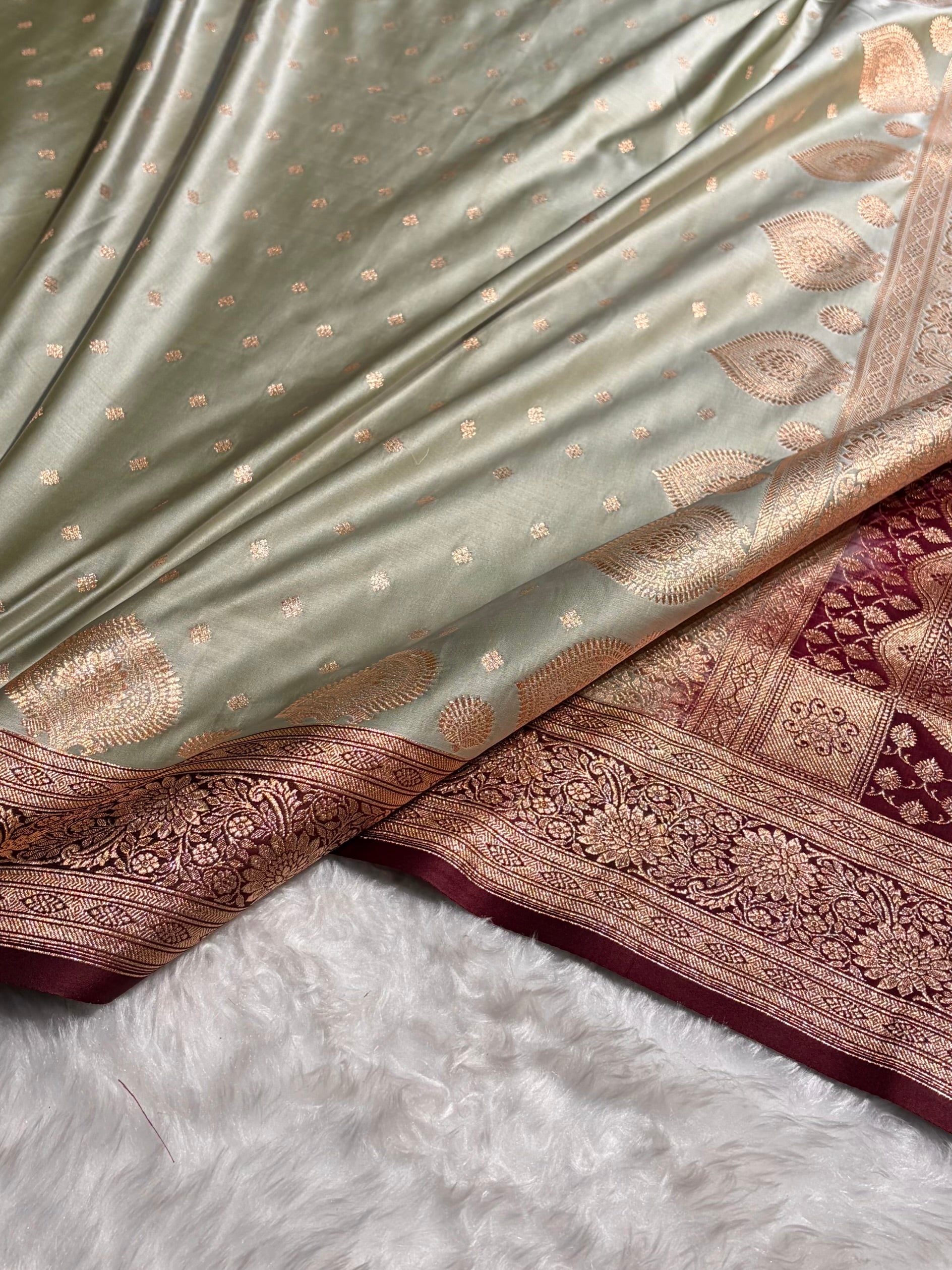 Pista with Chocolate Booti Satin Katan Silk saree SK29