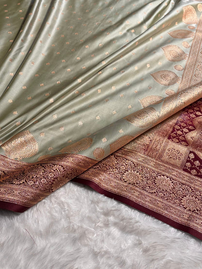 Pista with Chocolate Booti Satin Katan Silk saree SK29