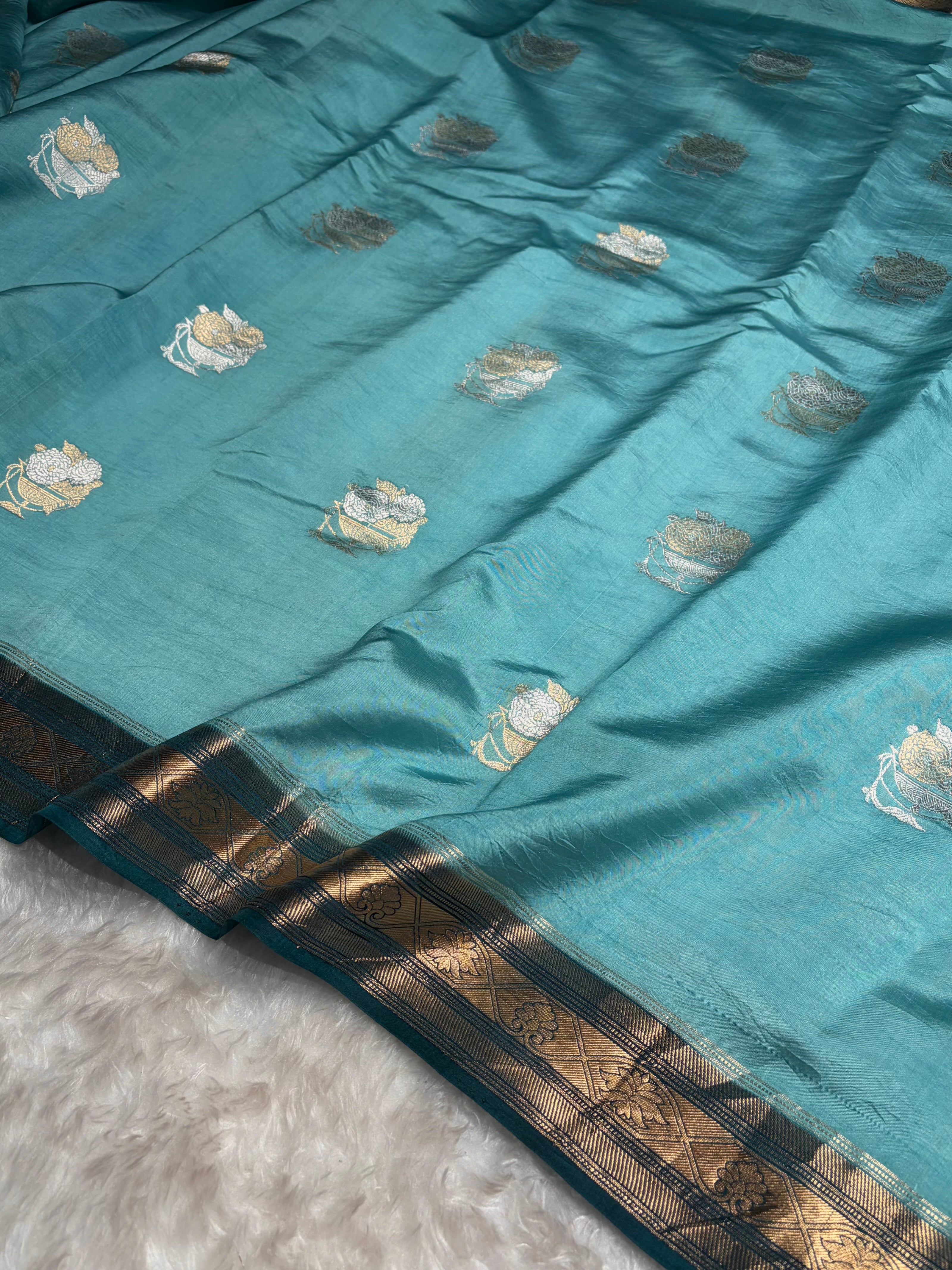 Contrast Firozi With Navy Border Minakari Boota Handwoven Raw Mango Silk RM-29