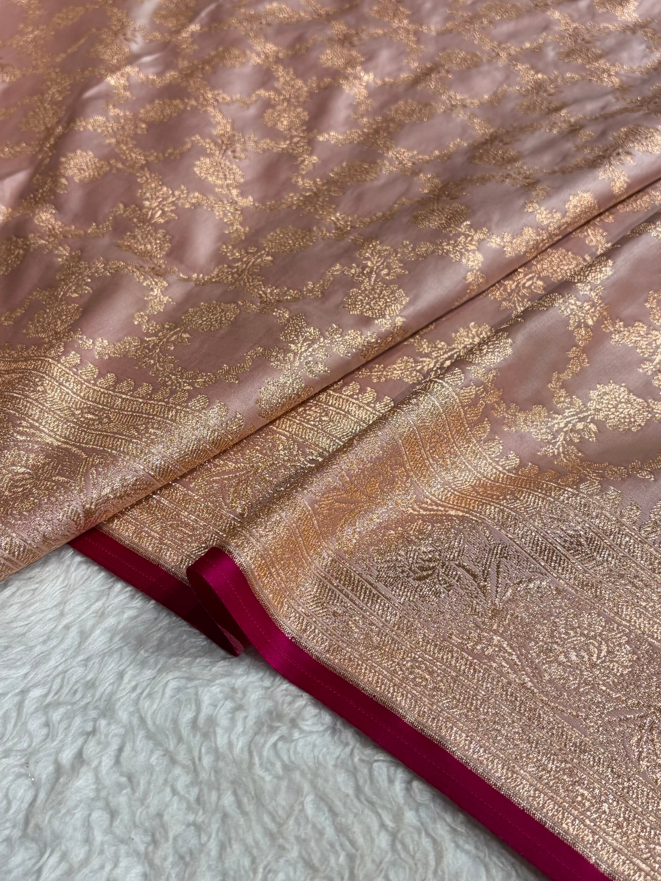 Banarasi Rose Gold Jaal Pattern Satin Katan Silk Saree SK25