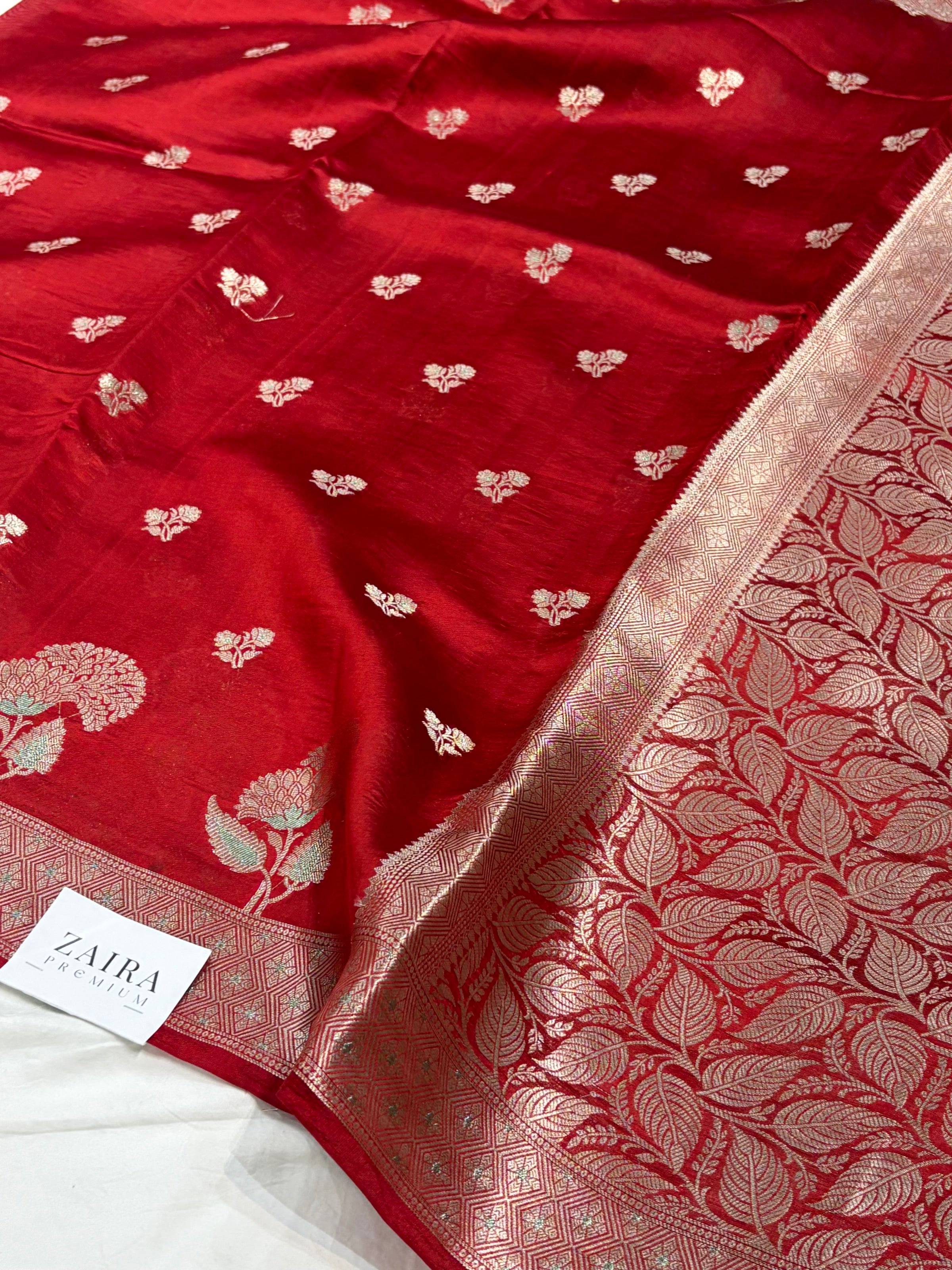 Red Flower Booti Pure Caramel Silk Saree