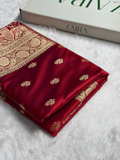 Cross Maroon Floral Boota Pattern Satin Katan Silk Saree SK71