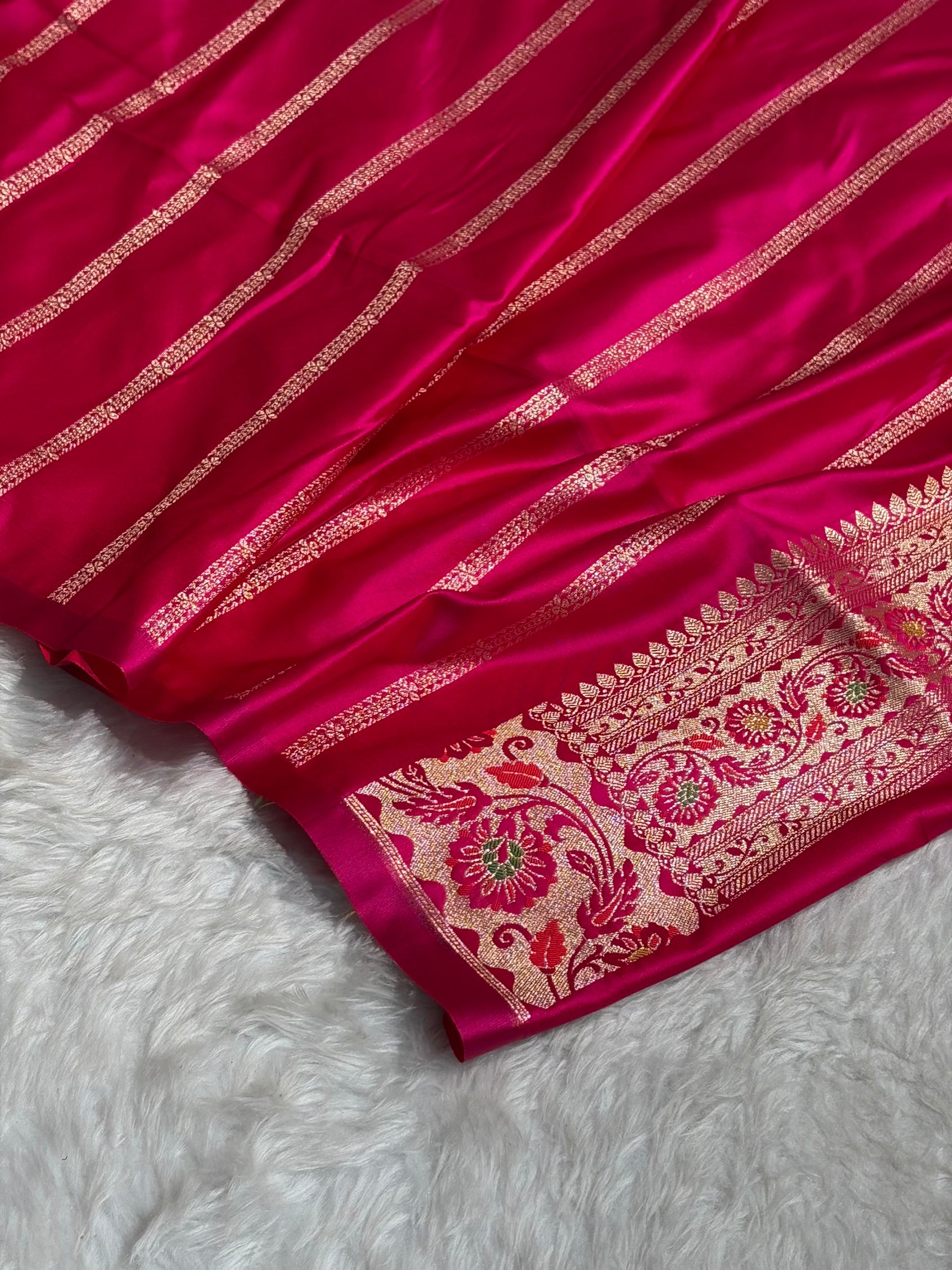 Banarasi Plain Satin Katan Saree Floral Minakari Pallu & Border Pattern in Rani Shades SK152