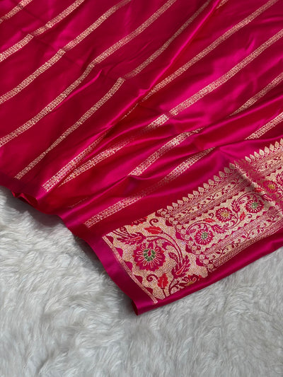 Banarasi Plain Satin Katan Saree Floral Minakari Pallu & Border Pattern in Rani Shades SK152
