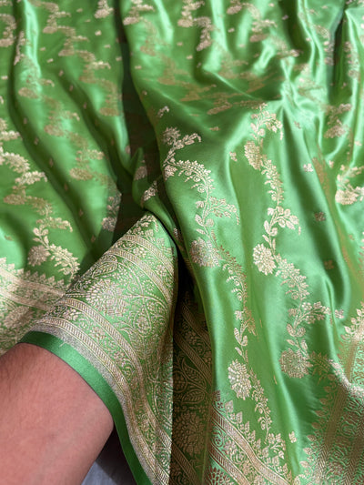 Banarasi Satin Katan Saree With Jaal Pattern in Pista Green Shades SK121