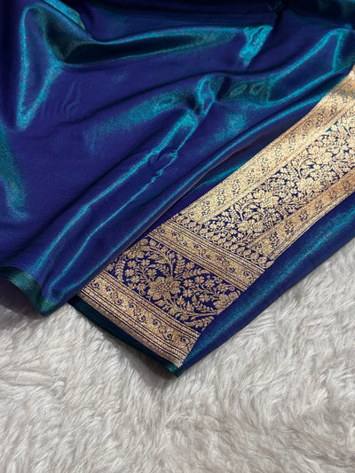 Peacock Shades Cross Pattern Banarasi Satin Silk Saree SS50
