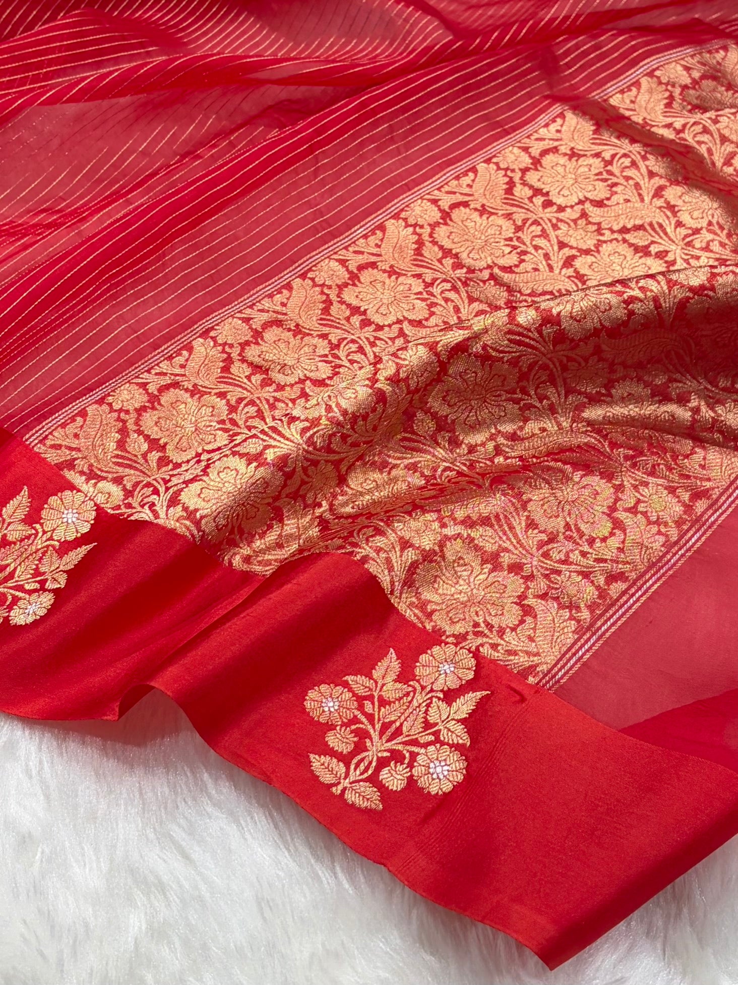 Pure Banarasi Organza Red Shades With Satin Minakari Border Floral Banarasi Silk Saree PO-22
