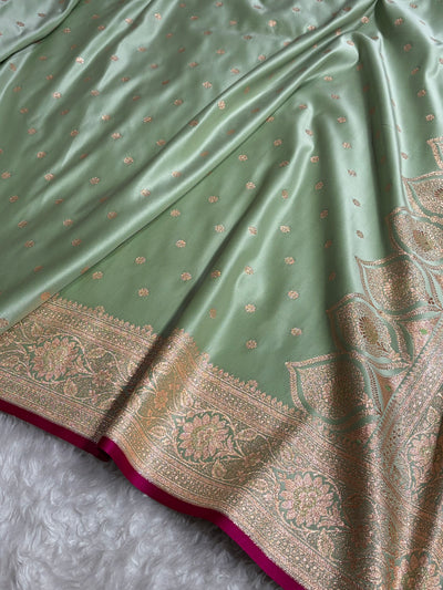 Banarasi Light Pista Booti Satin katan Silk Saree SK11