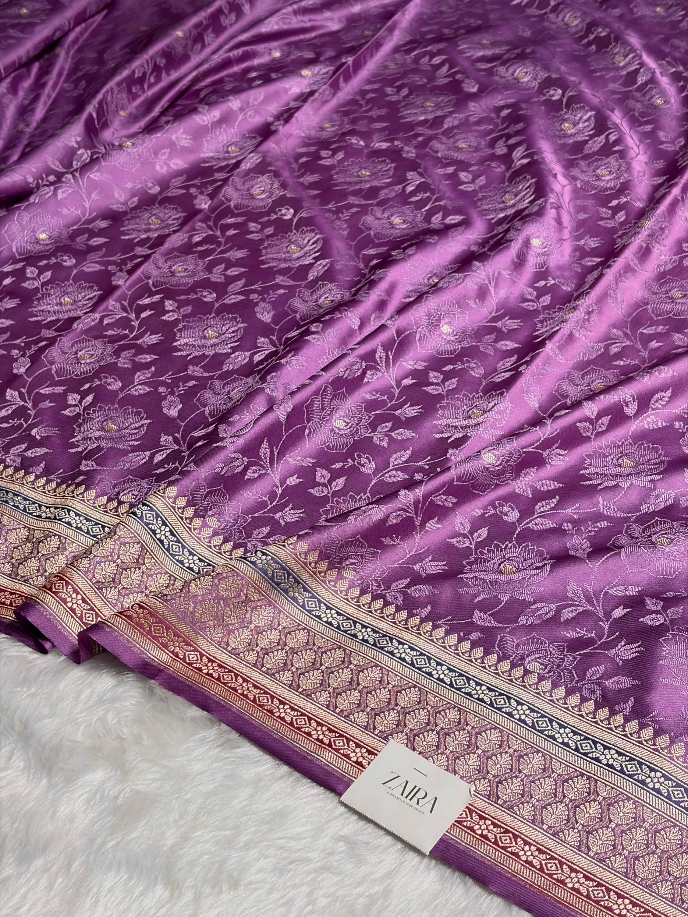Dark Lavender Shades Minakari Tanchoi Floral Booti Mashru Silk Saree MS59