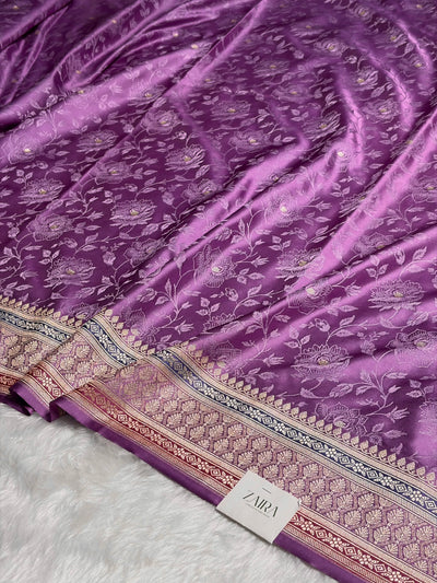 Dark Lavender Shades Minakari Tanchoi Floral Booti Mashru Silk Saree MCS59