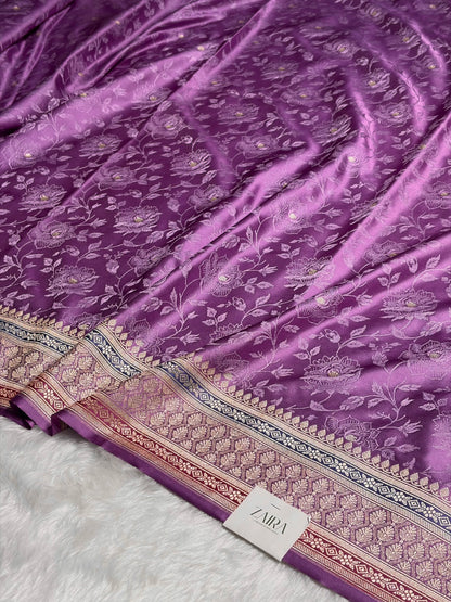 Dark Lavender Shades Minakari Tanchoi Floral Booti Mashru Silk Saree MS59
