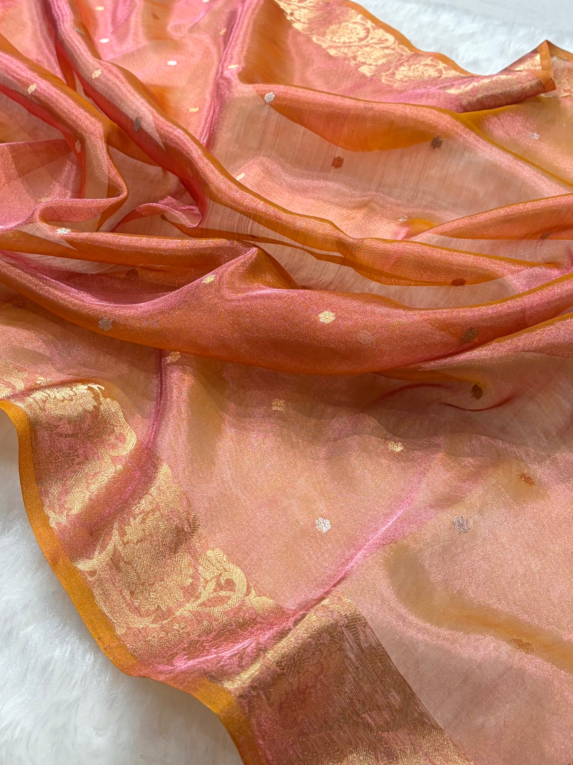 Cross Orange Bananasi Floral Shades Pure Tissue Silk Saree PT-42