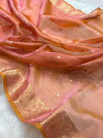 Cross Orange Bananasi Floral Shades Pure Tissue Silk Saree PT-42