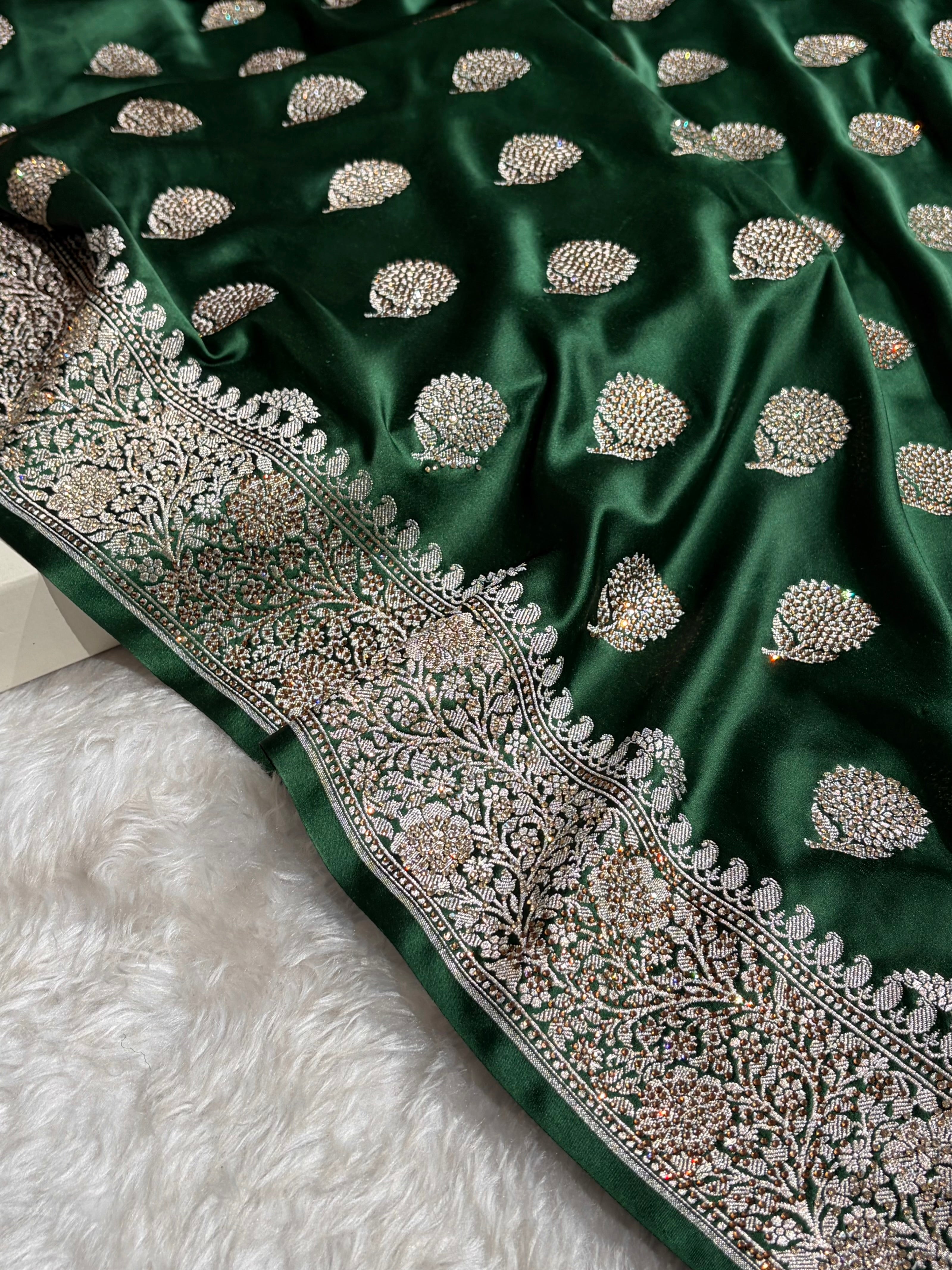 Bottle Green Tree Boota With Swarovski Work Mashru Silk Saree BMS19