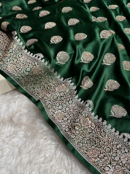 Bottle Green Tree Boota With Swarovski Work Mashru Silk Saree BMS19