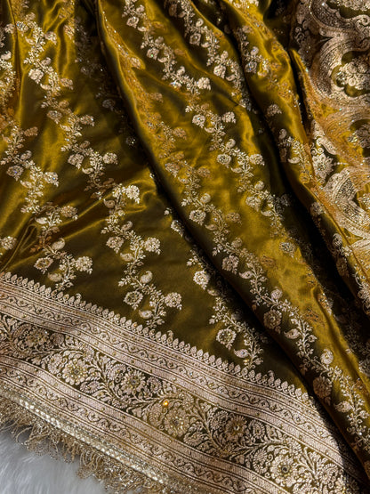 Bridal Mehandi Gold Cross Satin Silk with Ari and Stone work