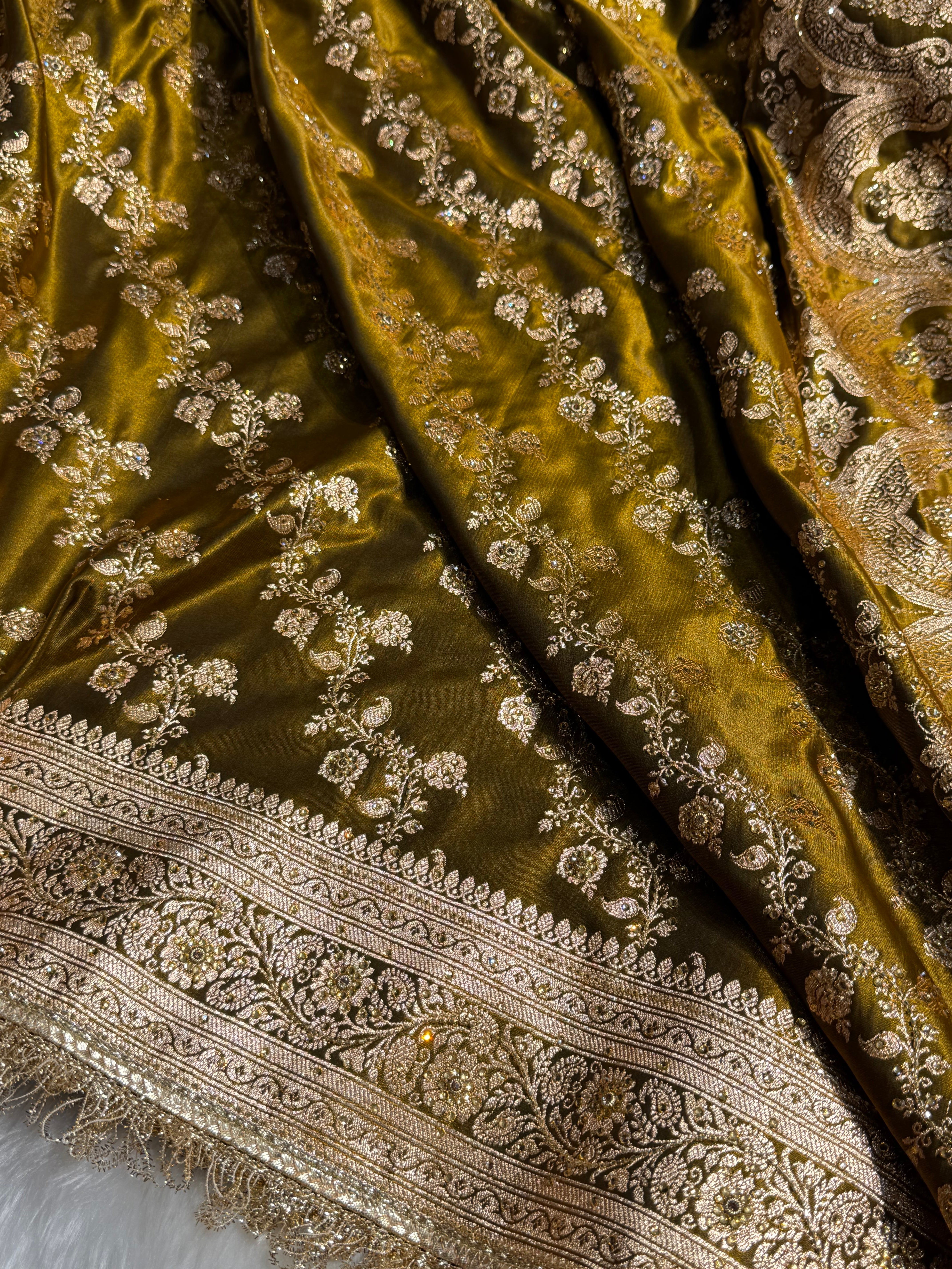 Bridal Mehandi Gold Cross Satin Silk with Ari and Stone work