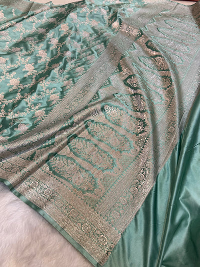 Summer Powder Sea Green Banarasi Floral Jaal Mashru Silk Saree MCS28