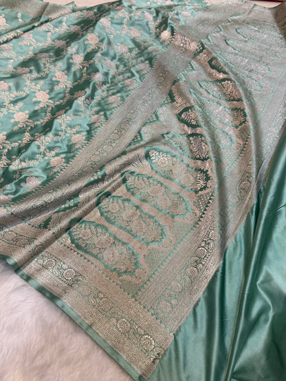 Summer Powder Sea Green Banarasi Floral Jaal Mashru Silk Saree