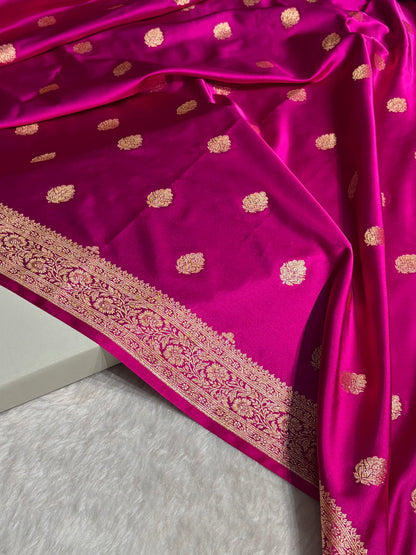 Cross Magenta Booti Pattern Satin Katan Silk Saree SK65