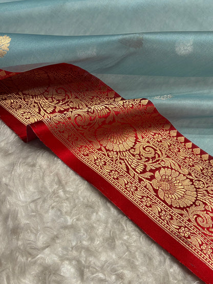 Contrast Pure Banarasi Organza Turquoise With Red Floral Banarasi Silk Saree PO-11