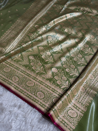 Banarasi Pista Shades Cross Pattern Banarasi Satin Silk Saree SS52