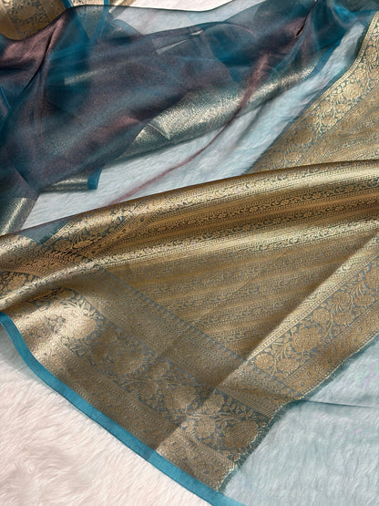 Firozi Shades Pure Tissue Silk Saree with Brocade Blouse PT-08