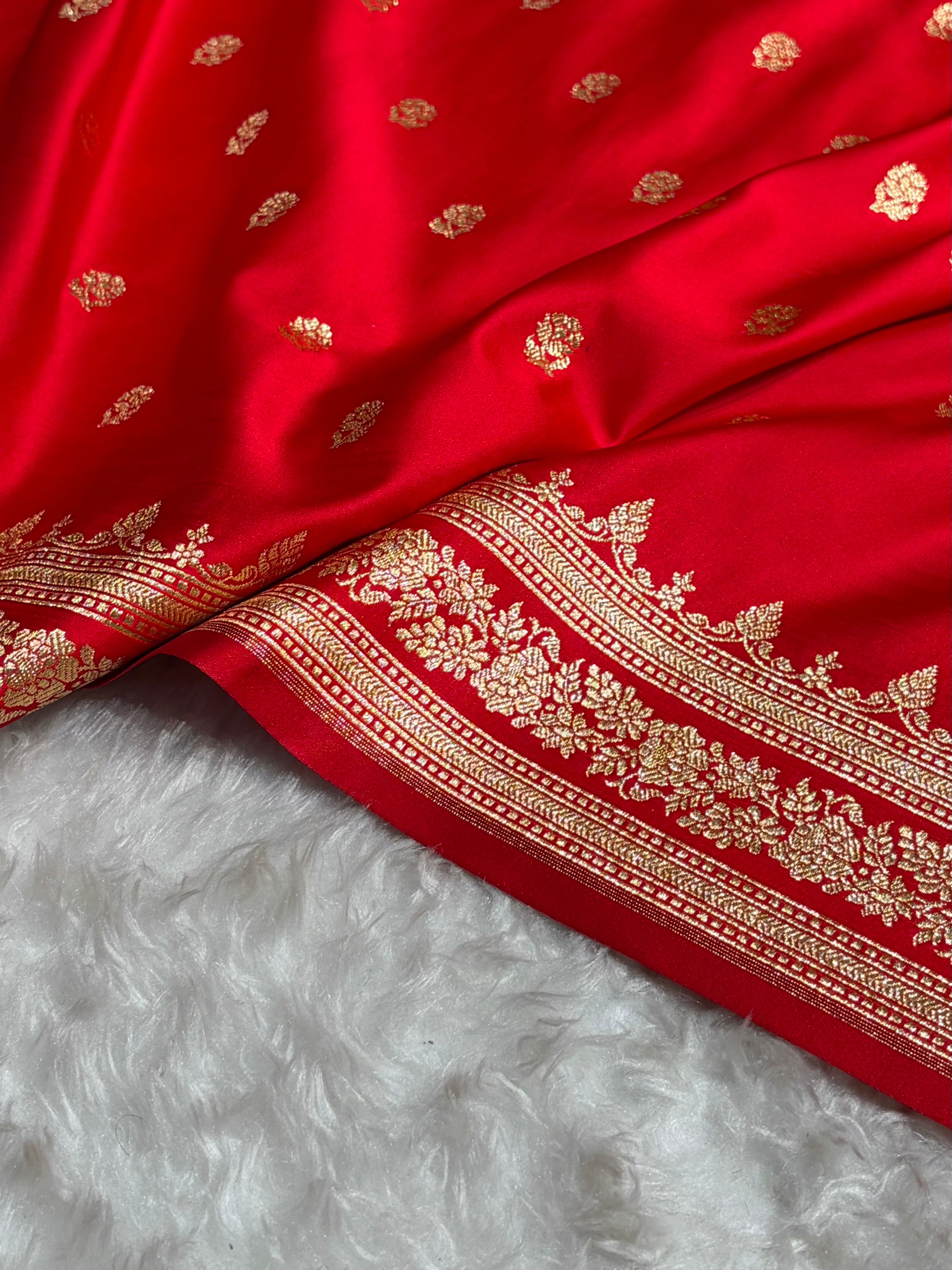 Red Floral Pattern Satin Katan Silk Saree SK76