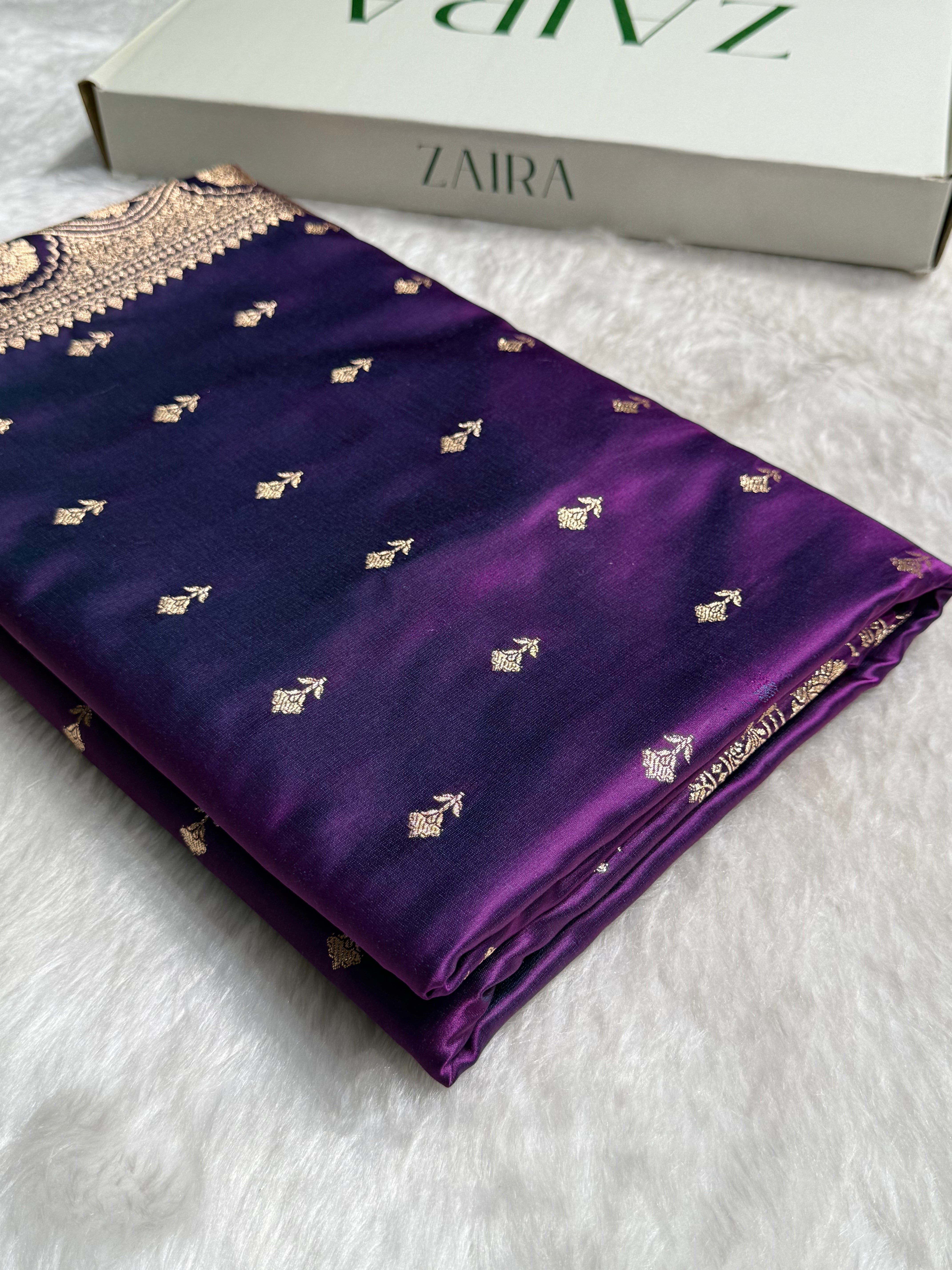 Cross Purple Booti Pattern Satin Katan Silk Saree SK54