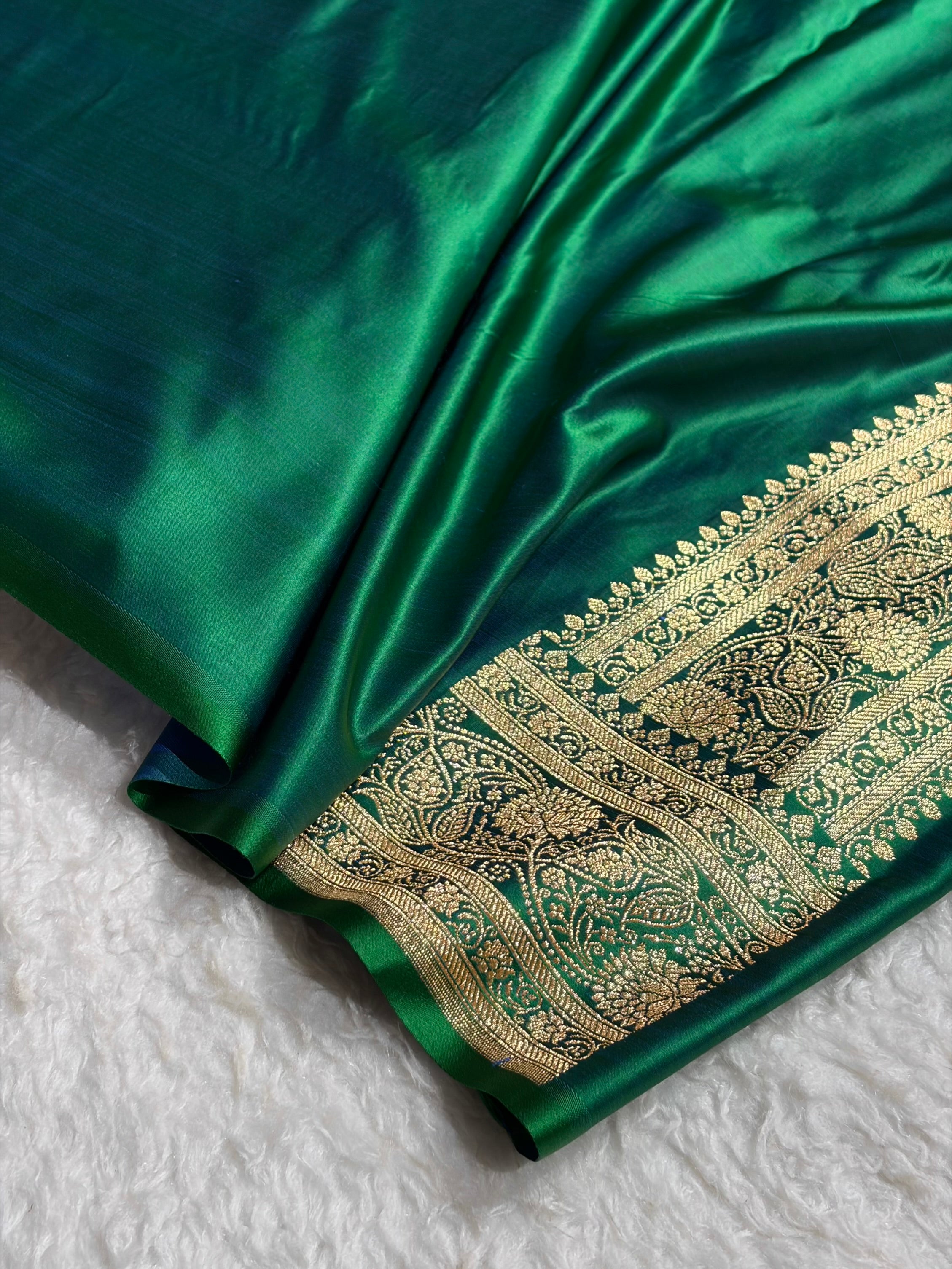 Banarasi Satin Katan Saree With Jaal Pattern in Cross Green Shades SK121