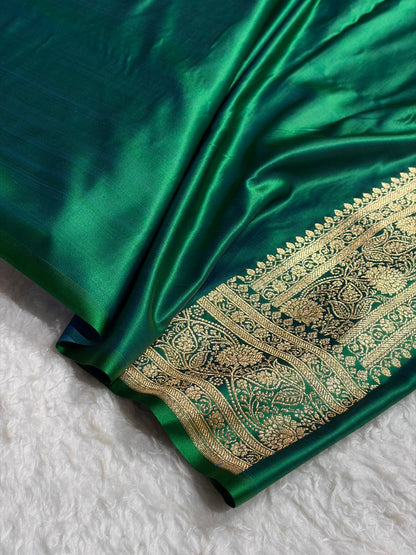 Banarasi Satin Katan Saree With Jaal Pattern in Cross Green Shades SK121