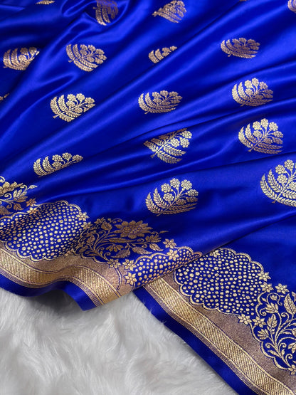 Royal Blue Unique Boota Pattern Satin Katan Silk Saree SK70
