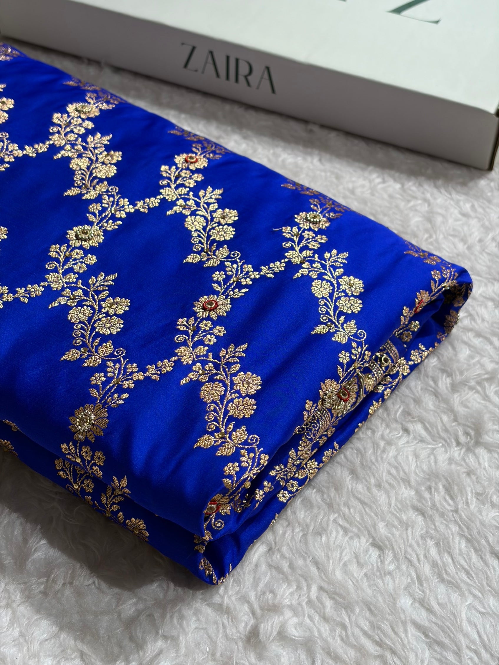 Royal Blue Floral Jaal Pattern Satin Katan Silk Saree BSK43