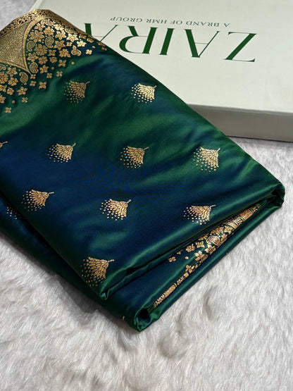Cross Green Floral Banasari Pattern Satin Katan Silk Saree SK83