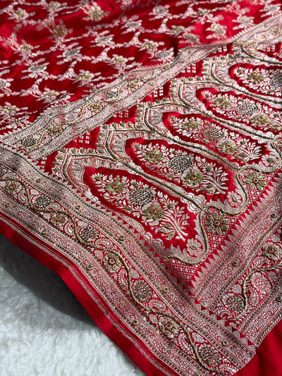 Bridal Red Mashru Silk with Bananasi Ari Zardozi and swarovski work BMCS28